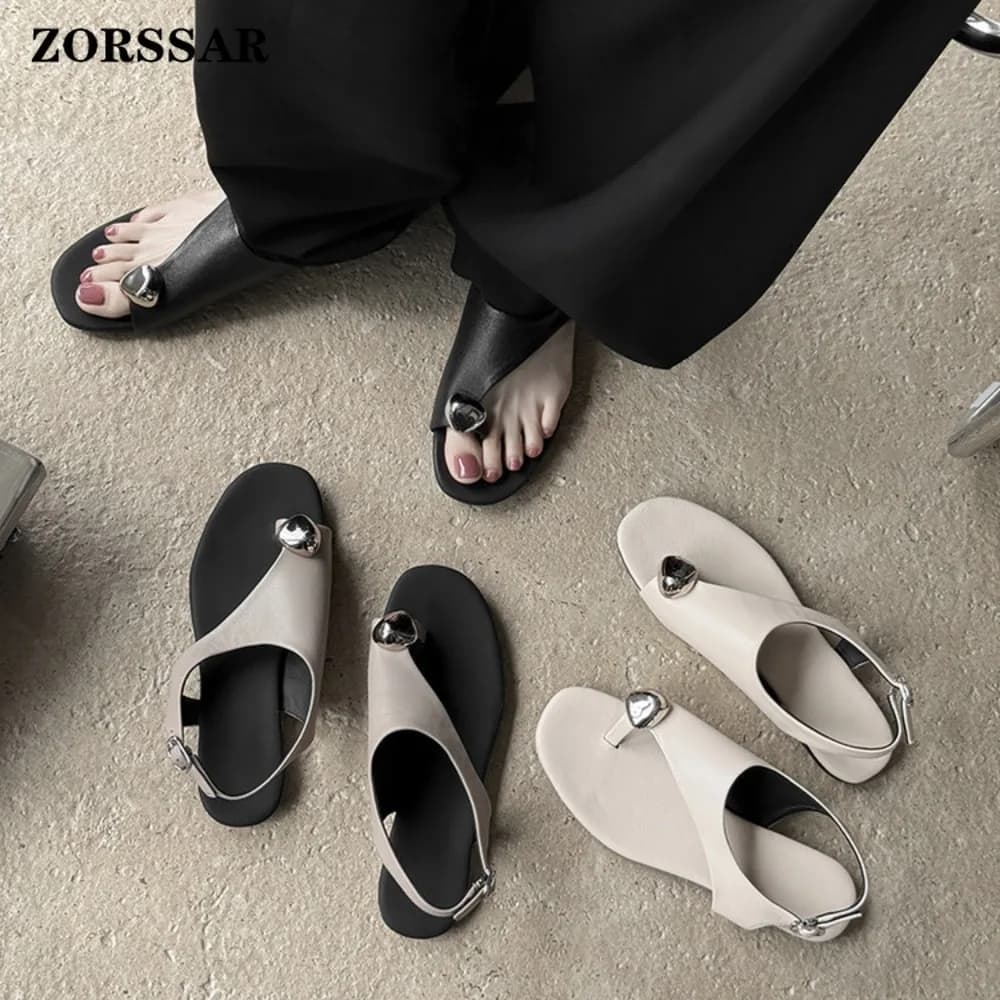 Women's Genuine Leather Thong Toe Flip Flops Slingback Sandals with Metal Decor Adjustable Buckle Flat Summer Casual Shoes