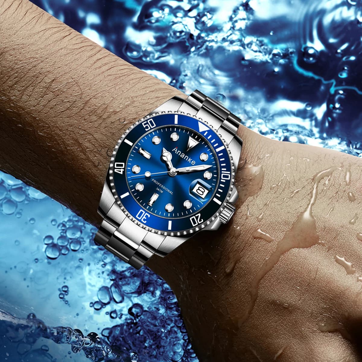 Ananke Men's Luxury Watches Japanese Movement Stainless Steel Waterproof Strap Luminous Date Automatic Blue Quartz Watches AN17