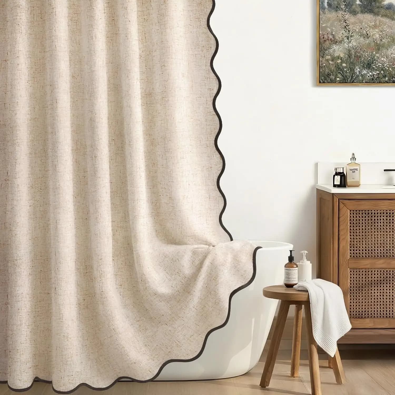 Tenda da Doccia in Lino Beige e Nero con Bordo Ondulato Stile Boho 72x72 per Bagno