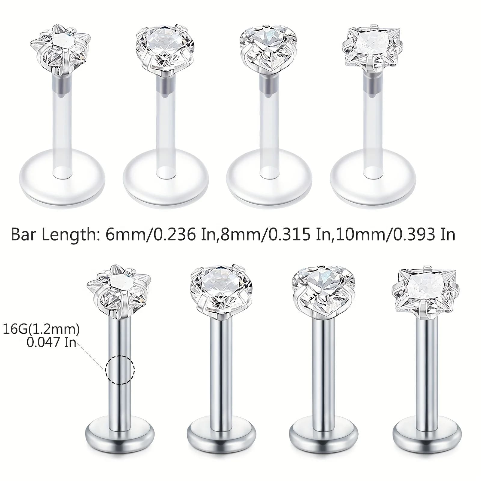 1 pz 6/8/10mm In Acciaio Inossidabile Lip Rings Zircone Rotondo Quadrato Cuore Stella Tragus Cartilage Helix Orecchini Body Piercing Gioielli