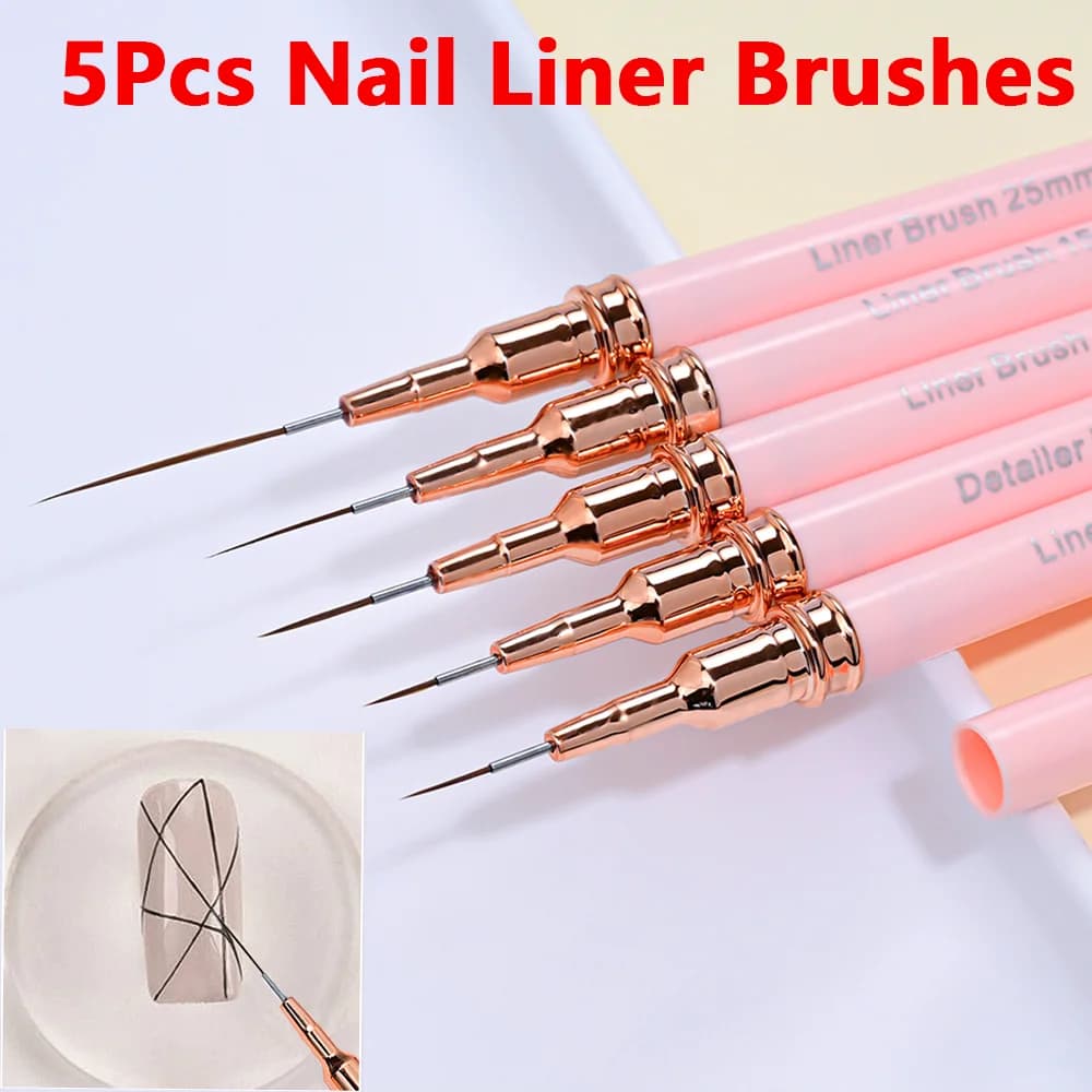 5 Pz/set Rosa Unghie Artistiche Francese Liner Pennelli 7/9/11/15/25mm Allungato Striping UVGel Disegno Penna Professionale Vernice Strumento di Manicure