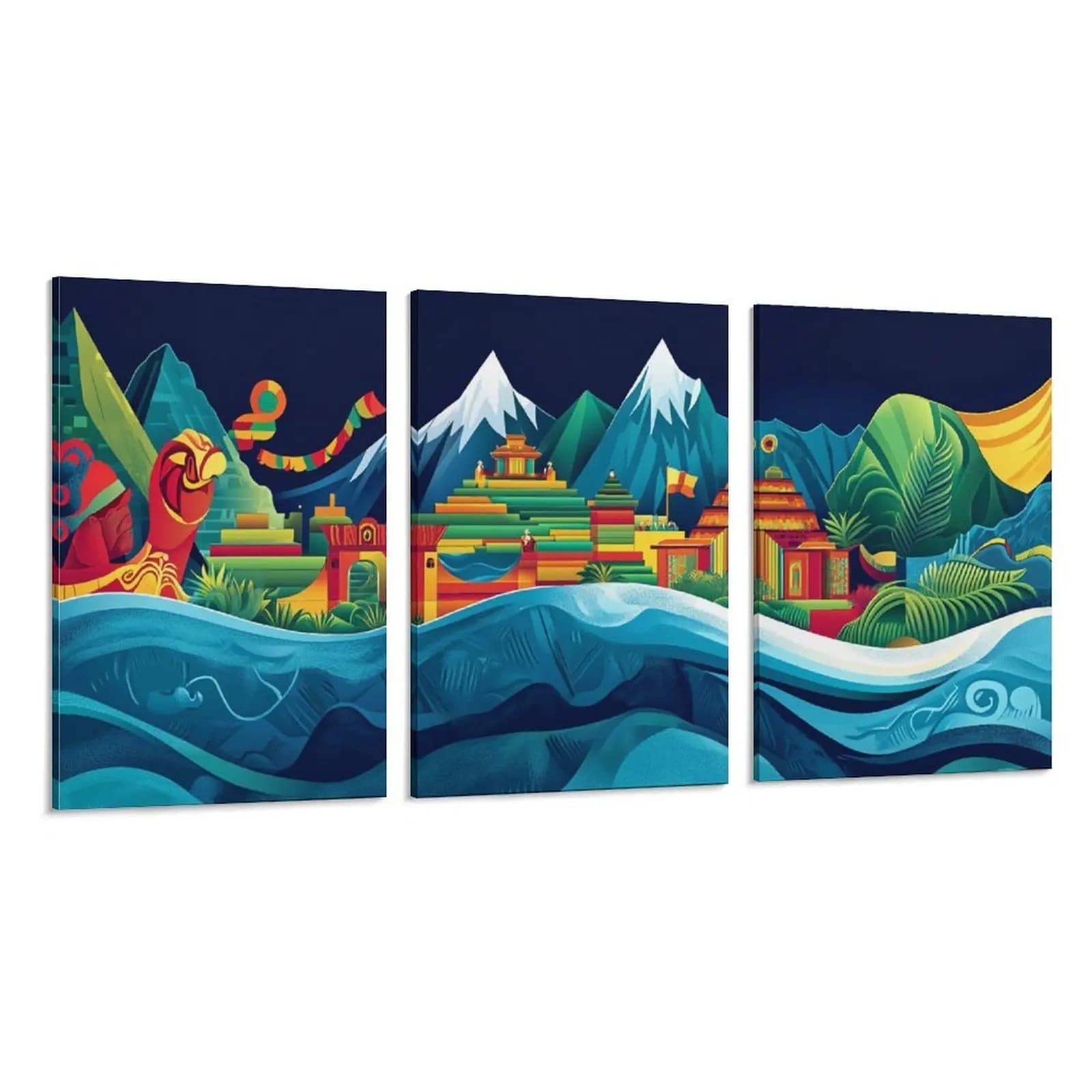 Set of 3 Paintings on Framed Frames, Ethnic Art in Andean and Tibetan Style for Living, Studio and Holiday Homes