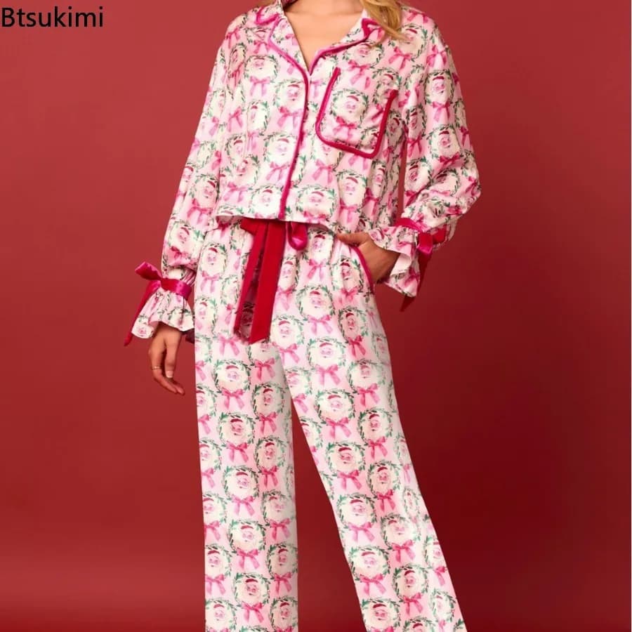Women's Winter Christmas Pajama Set Santa/Tree Print Lapel Neck Button-up Long Sleeve Tops + Shorts 2-Piece Loungewear Outfit