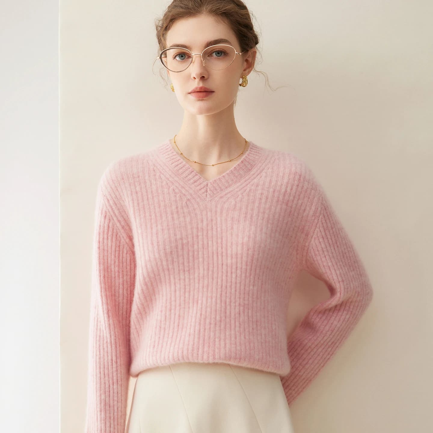 **Women 100% Percent Cashmere Pullover V Neck Knitted Sweater Long Sleeve Pure Color Yuanbao Needle Autumn Winter Fashion Base*