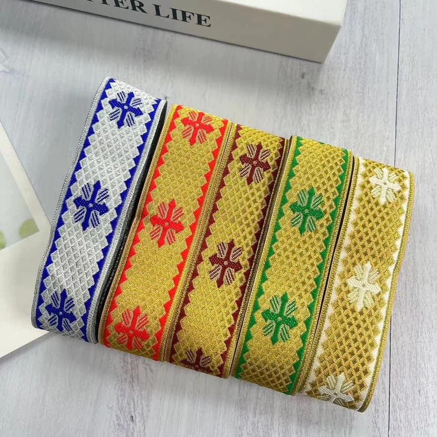10 iarde/lotto di larghezza circa 3,3 cm nastro jacquard tessuto croce oro per tenda e accessorio di abbigliamento LS-0156