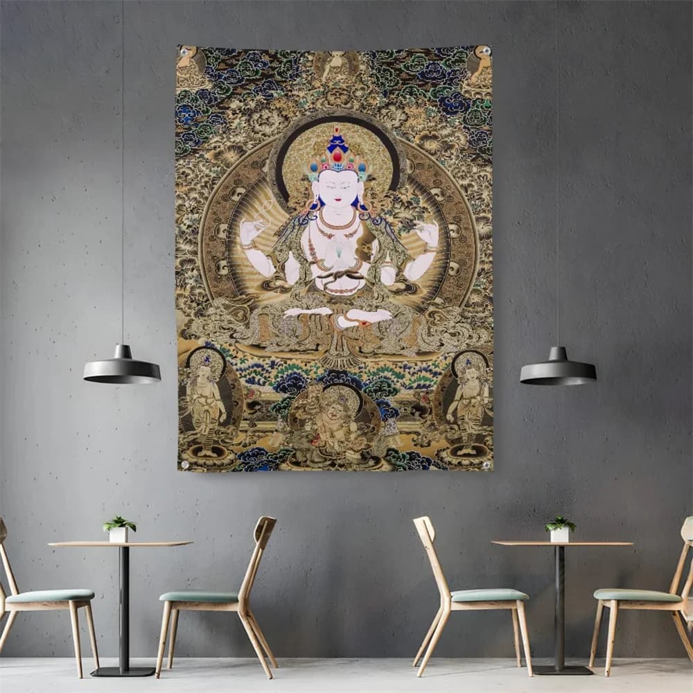 Tibetan Thangka Avalokiteshvara Wall Tapestry Buddha Decor Mandala Poster Wall Hanging Spiritual Meditation Room Yoga Altar Gift