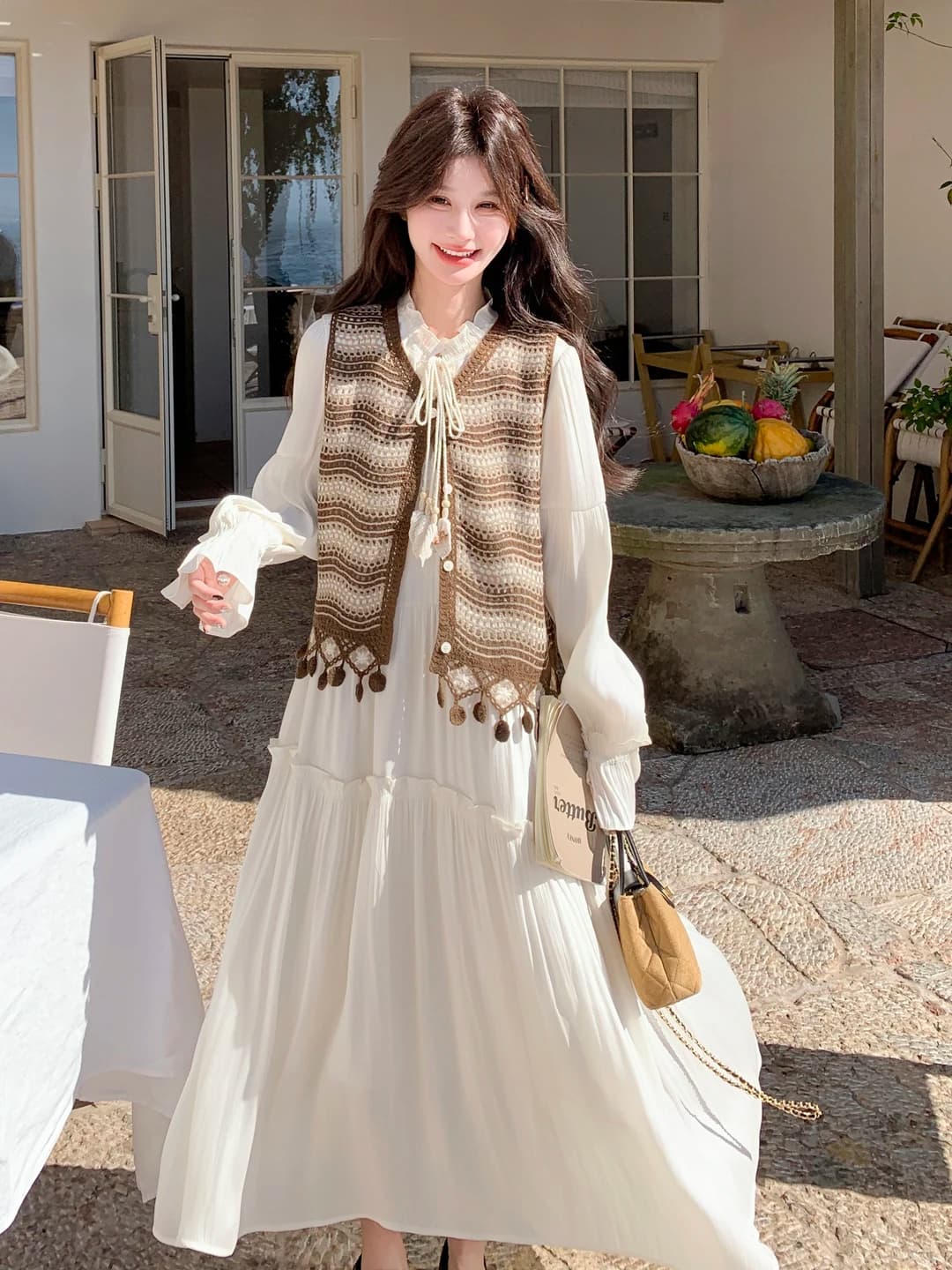 Women's Chic Wooden Lace Trim Dress Set in Beige Knitted Striped Vest And Skirt Two Piece Spring Autumn Fashion Ensemble