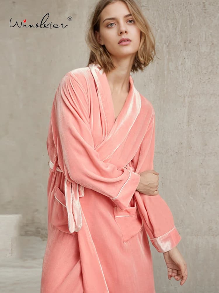 Winsleter, filato base 19MM 100% vestaglia da notte in vero velluto di seta, lacci a maniche lunghe da donna, vestaglia pigiama caldo, autunno inverno P49956CC