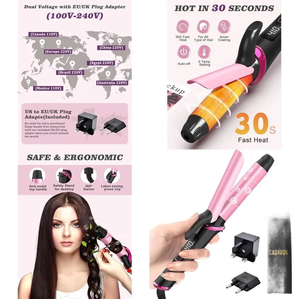1 inch portable travel curling iron with 5 digital temperature settings, automatic shutdown and adapter for European short hair grip