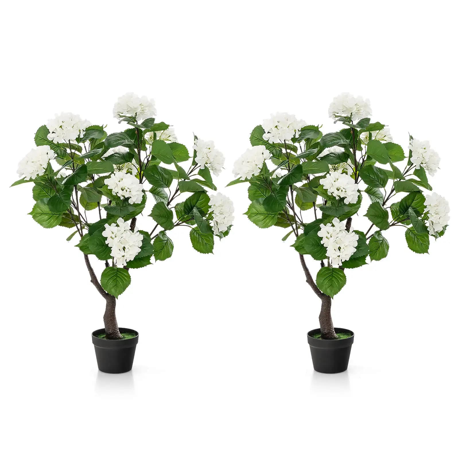 Pack of 2 fake floral plants with artificial hydrangea tree with 11 white flowers