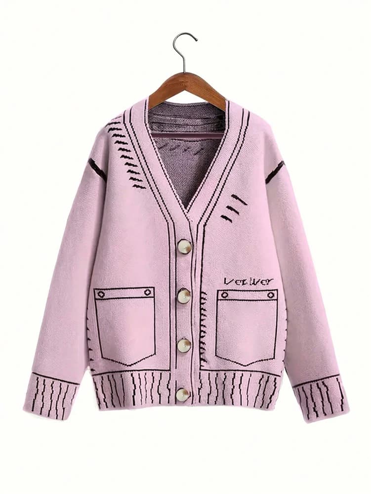 Cardigan abbottonato da donna taglie forti Autunno Inverno Cappotto in maglia con motivo a linee sottili Capispalla elegante per l'autunno 2025
