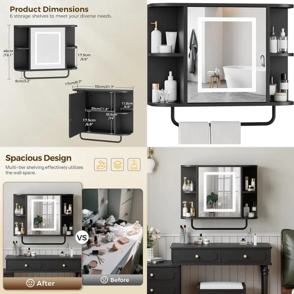 Mobiletto da bagno nero a parete con specchio, 3 luci LED e 4 ripiani regolabili, 21,7L x 6,7W x 18,1H