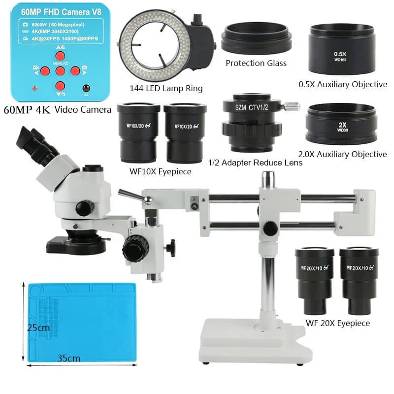 Microscopio trinoculare con zoom stereo con supporto a doppio braccio simul-focus 3,5X 90X 180X 60MP 55MP 2K 4K HDMI VGA USB fotocamera per riparazione PCB