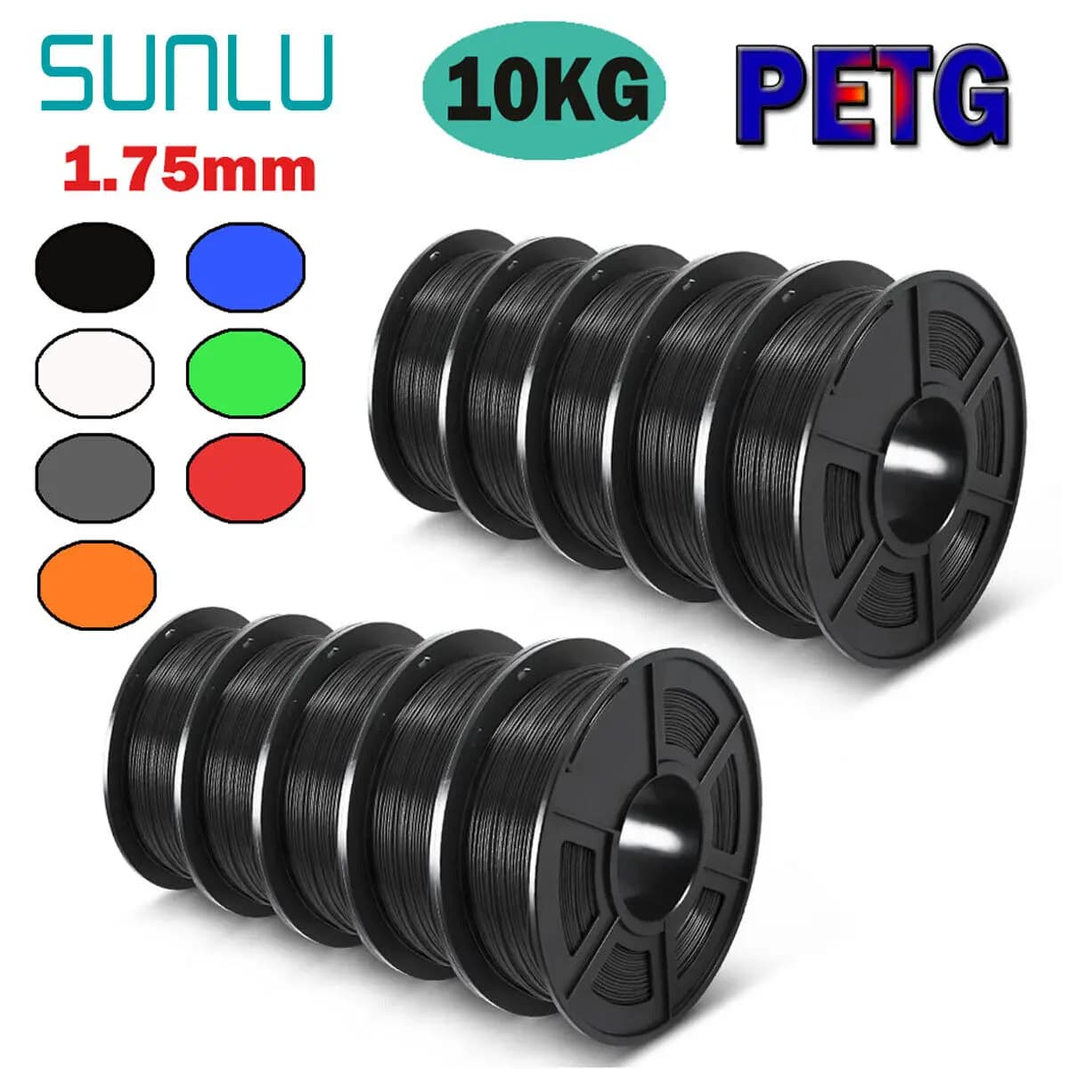 SUNLU PETG 1KG Filament 3D 1,75MM No bubble 10 rolls No bubble Ecological No knots Good tenacity Excellent acid Alcali