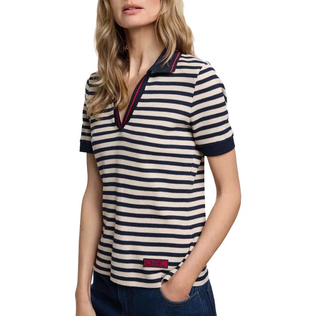 2025 Top a righe da donna Ricamo estivo Manica corta Casual Semplici classici Patchwork T-shirt lavorata a maglia Office Ladies Tees