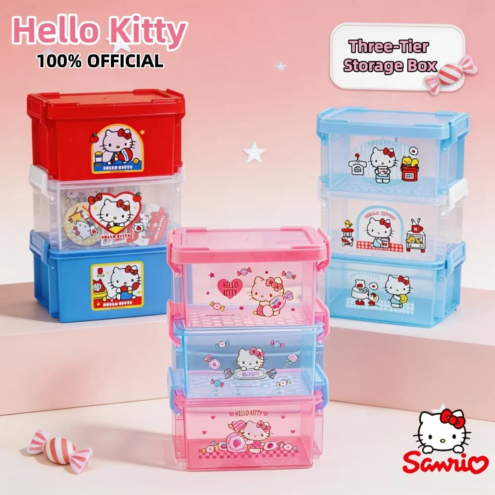 Genuine Hello Kitty Cartoon 3-Tier Storage Boxes Sanrio Desktop Dustproof Organizer For Bedroom Desk Stationery Cosmetic Storage