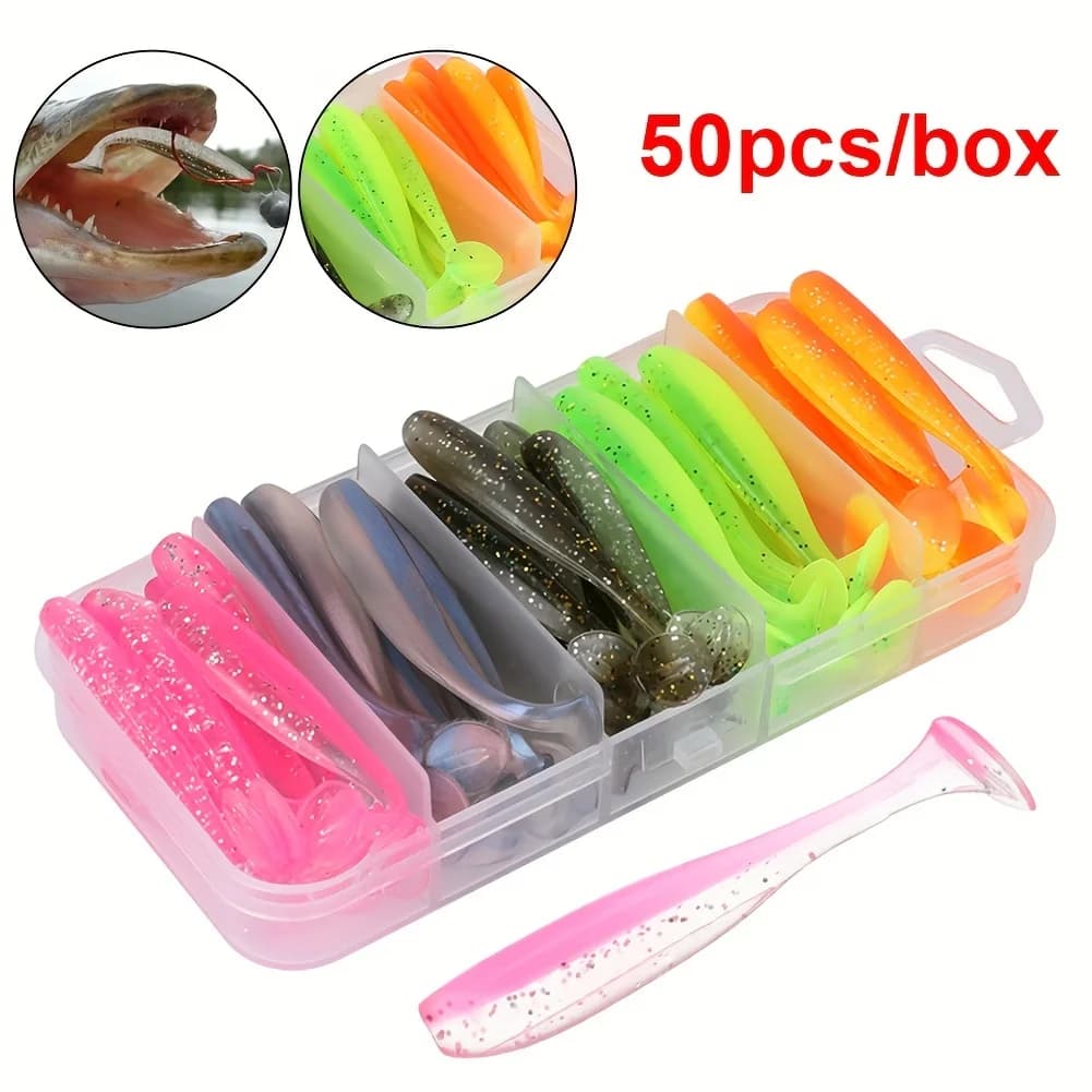 50 pcs/box Fishing Rectangular T Coda Spinner Soft Artificial Esca Paddle Coda Soft Verme Carpa Water Spigola Freshwater Fishing Equipment Accessories