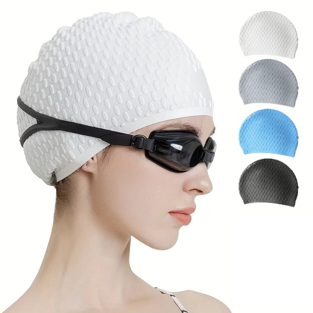 1 cappuccio da nuoto alla moda per capelli lunghi e ricci, in silicone impermeabile con stampa a goccia, unisex per piscina e spiaggia