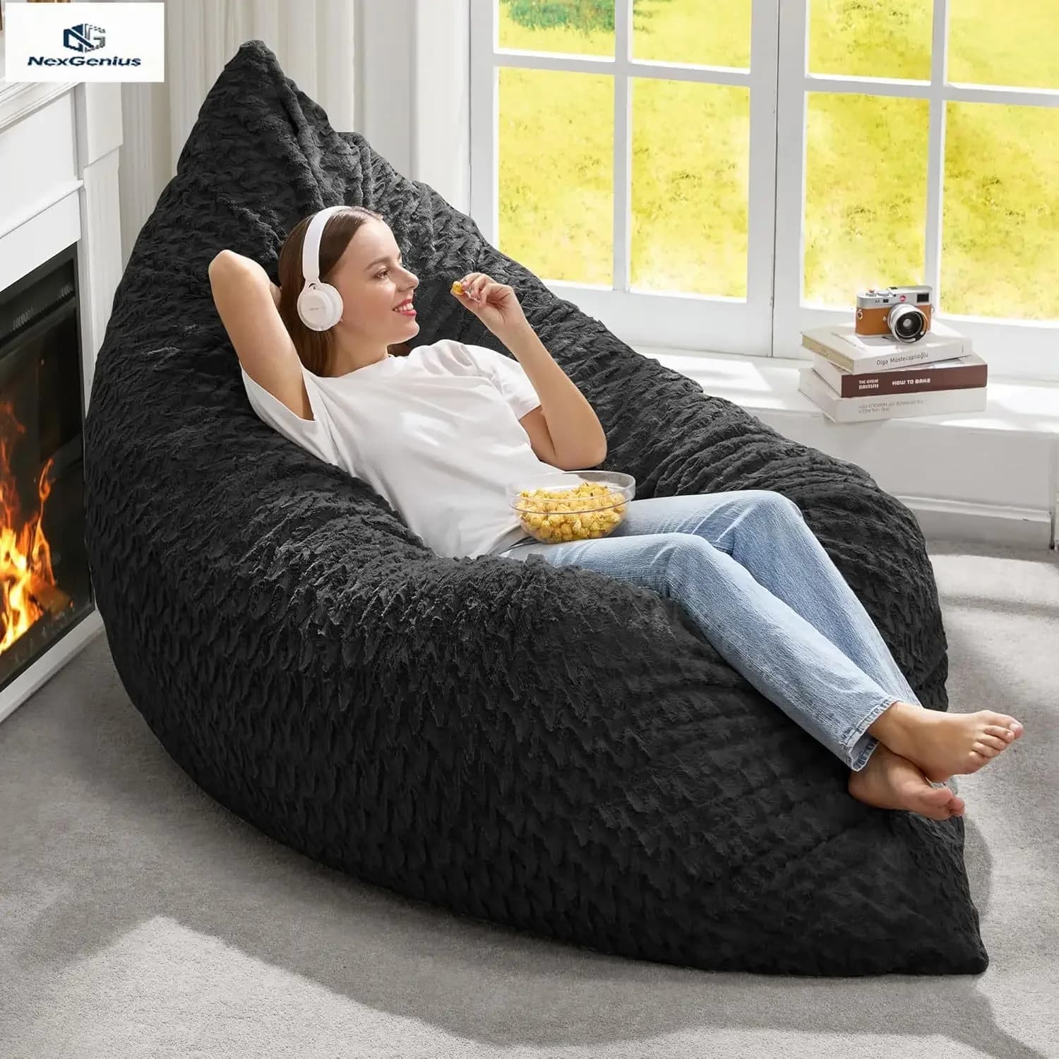 3 in 1 Bean Bag Chair Giant Bean Bag Chairs for Adults with Chevron Plush Fur Cover Convertible Bean Bag Floor Cushion with Mach