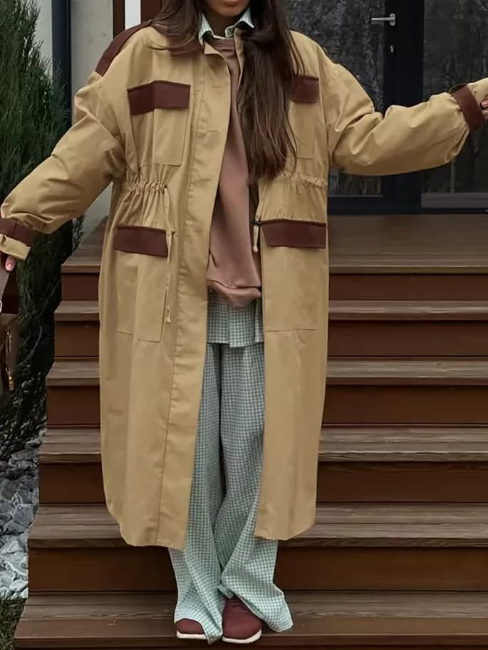 Retro Workwear Style Color Block Long Coat Casual Versatile Collarless Jacket Commute Long Sleeve Loose Fit Single Button
