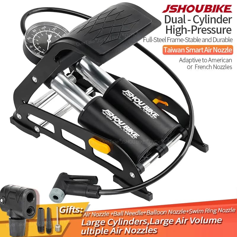 JSHOUBIKE Pompa per bici Doppio cilindro a pedale montata su auto MTB E-Bike Pompa per moto Dispositivo di gonfiaggio per gonfiaggio quotidiano pieghevole