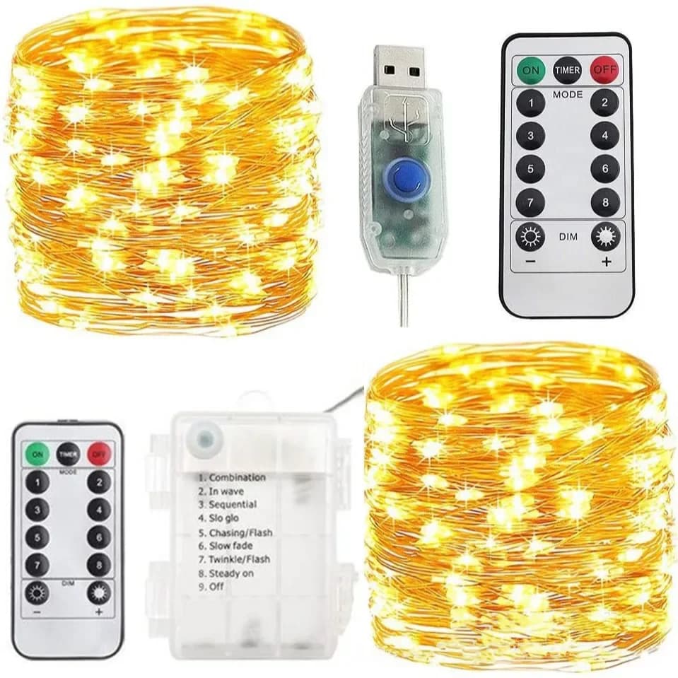 Luce natalizia 5-20 m Lucine con telecomando impermeabile Decorazione a batteria/USB Timer a 8 modalità Stringa LED Filo di rame