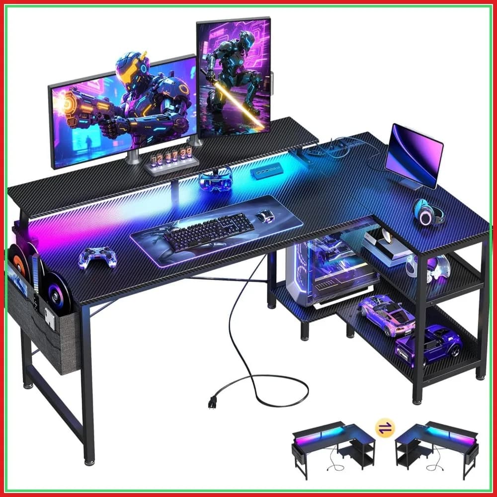 Scrivania da Gaming a L con Porte USB e Luci LED, Tavolo Angolare per Computer con Supporto Monitor e Ripiani Portaoggetti, Nero