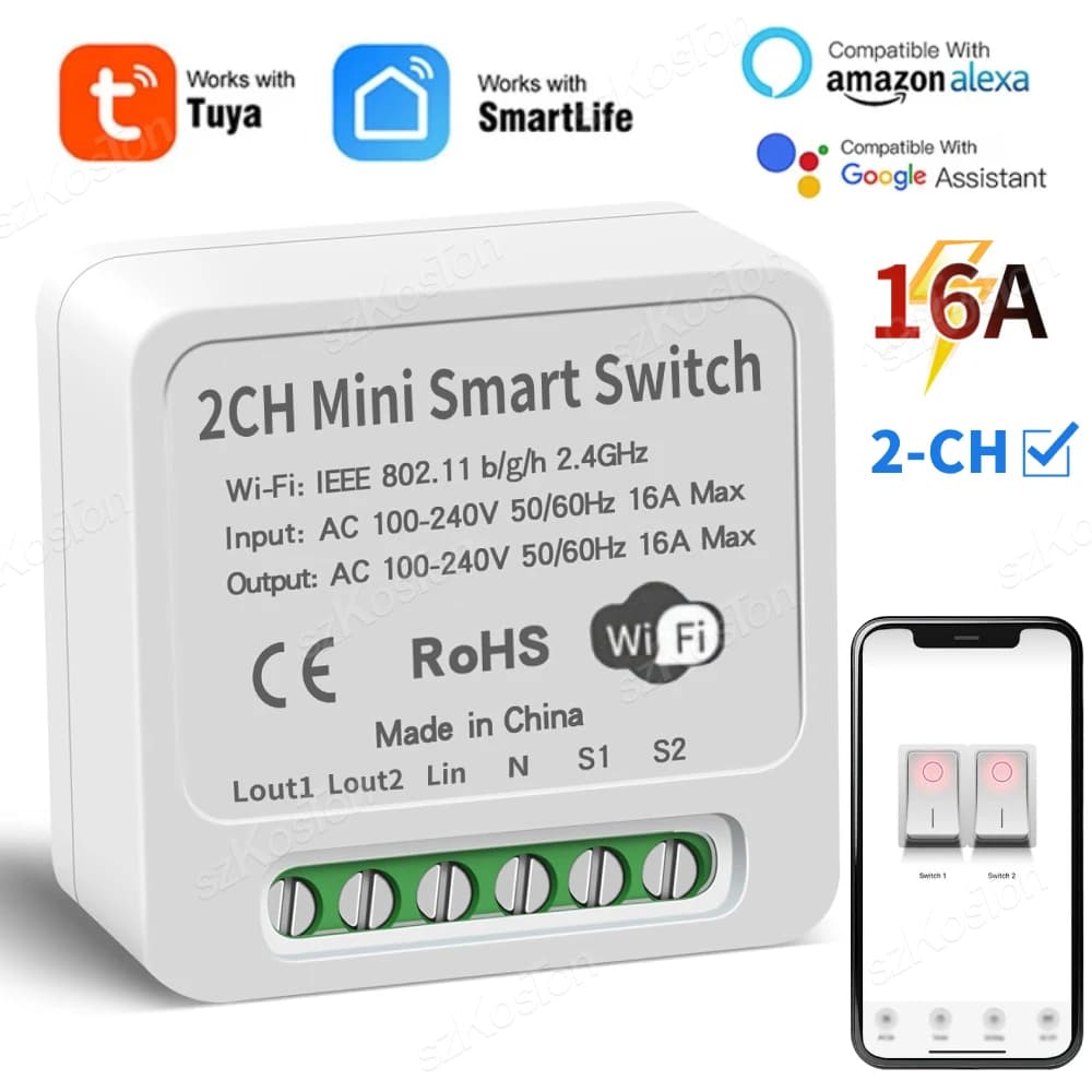 16A Tuya WiFi Modulo Smart Switch Smart Home 2CH MiNi Interruttore della luce fai da te Timer Controllo vocale Funziona con Alexa Google Home