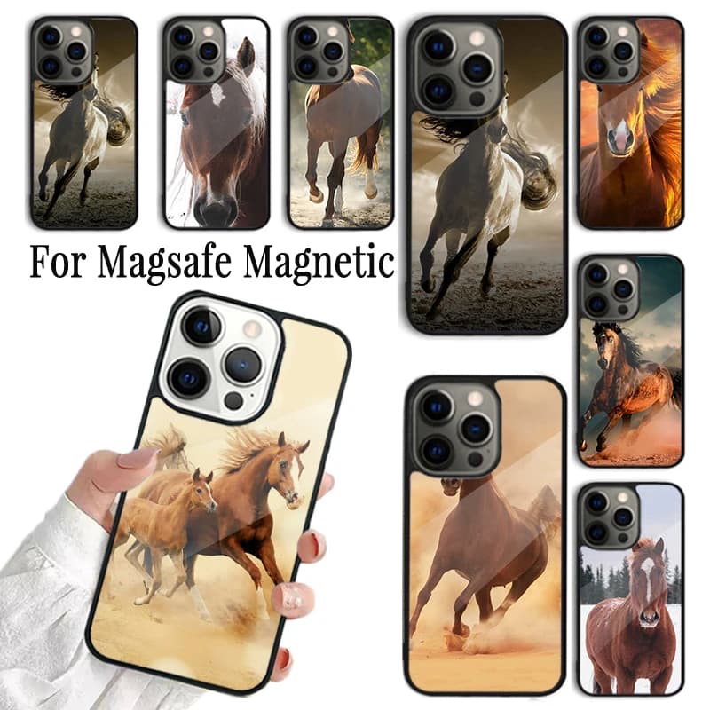 Elegante Cover per iPhone con Cavalli Marroni per iPhone 17 AIR 16 15 14 13 12 11 Pro Max Plus, Compatibile con Ricarica Wireless Magnetica Magsafe