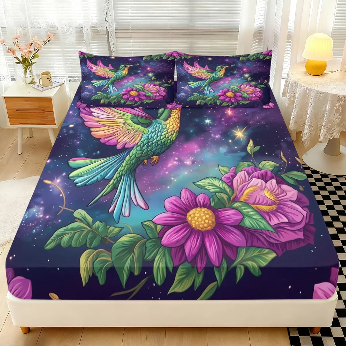 Lenzuolo con Angeli Guardiano Stellati 3 Pezzi, Set Lenzuola Elastiche con Stampa Floreale Galassia e Federe, Set Biancheria da Letto Estetico
