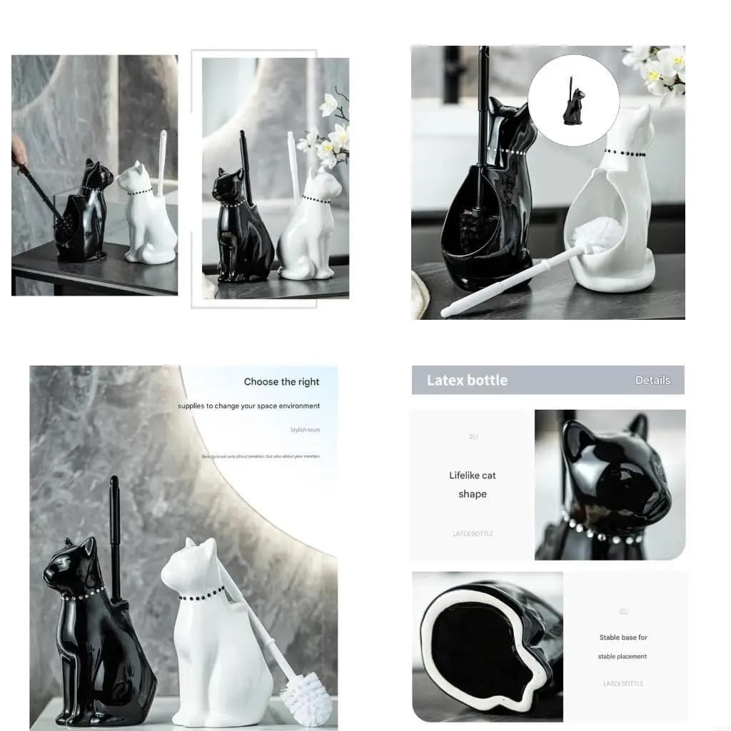 Soft Bristles Toilet Cleaning Brush Toilet Bowl Brush with Ceramic Cats Holder Toilet Cleaning Tool Bathroom Accessories