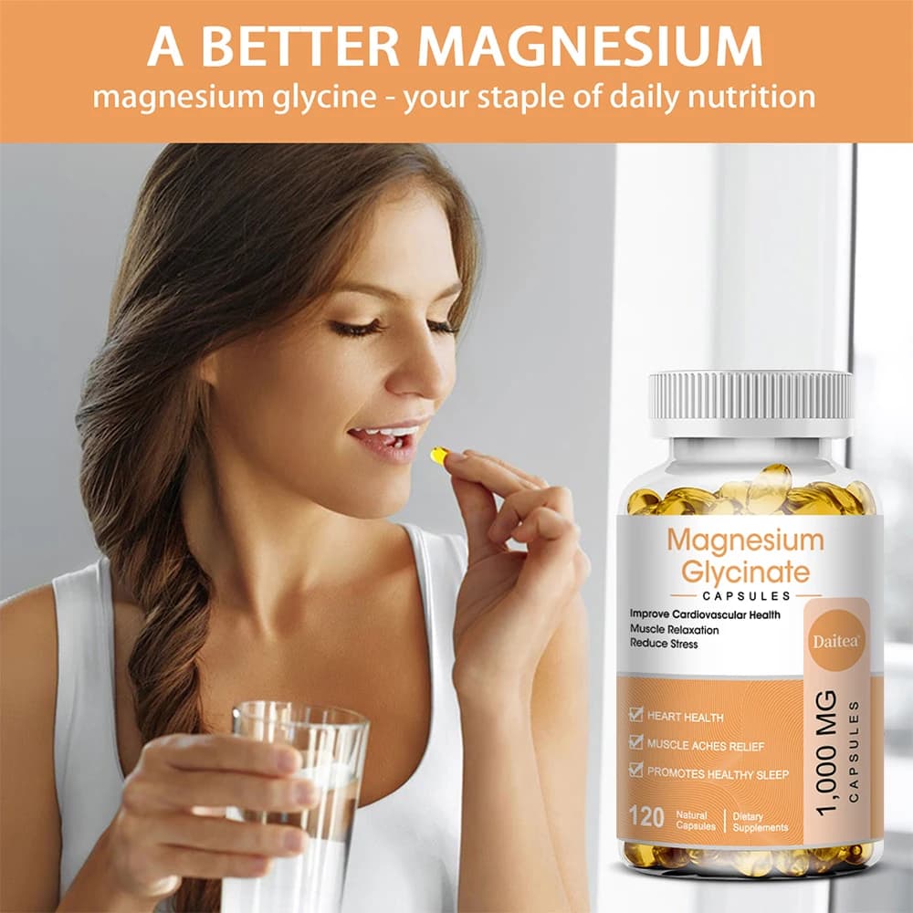 Magnesium glycinate supplement with vitamins to promote natural sleep, reduce stress and anxiety and support bone health