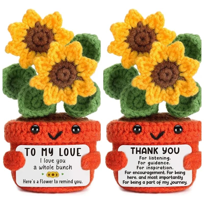 Pianta di Girasole Fatta a Mano all'Uncinetto in Vaso con Carta di Messaggio Positivo, Decorazione per Ufficio, Libreria, Soggiorno, Regalo