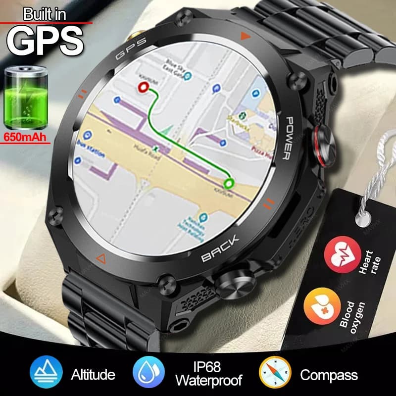 New Military Smartwatch for Outdoor Sport 2026, Waterproof P68, GPS Integrated, compass, 650mAh Battery, Bluetooth Calls