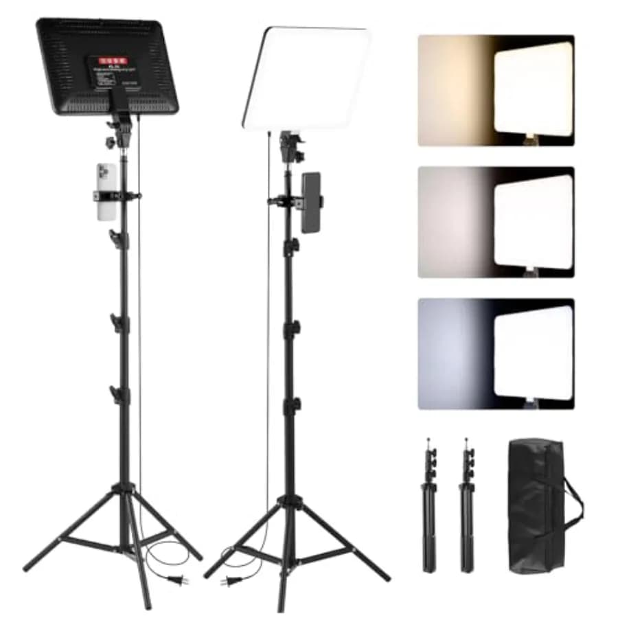 Kit di 2 Luci LED per Video, Luce da Studio da 14'' con Treppiede da 75'' e Supporto per Telefono, Illuminazione Fotografica Dimmerabile 2700-6500k