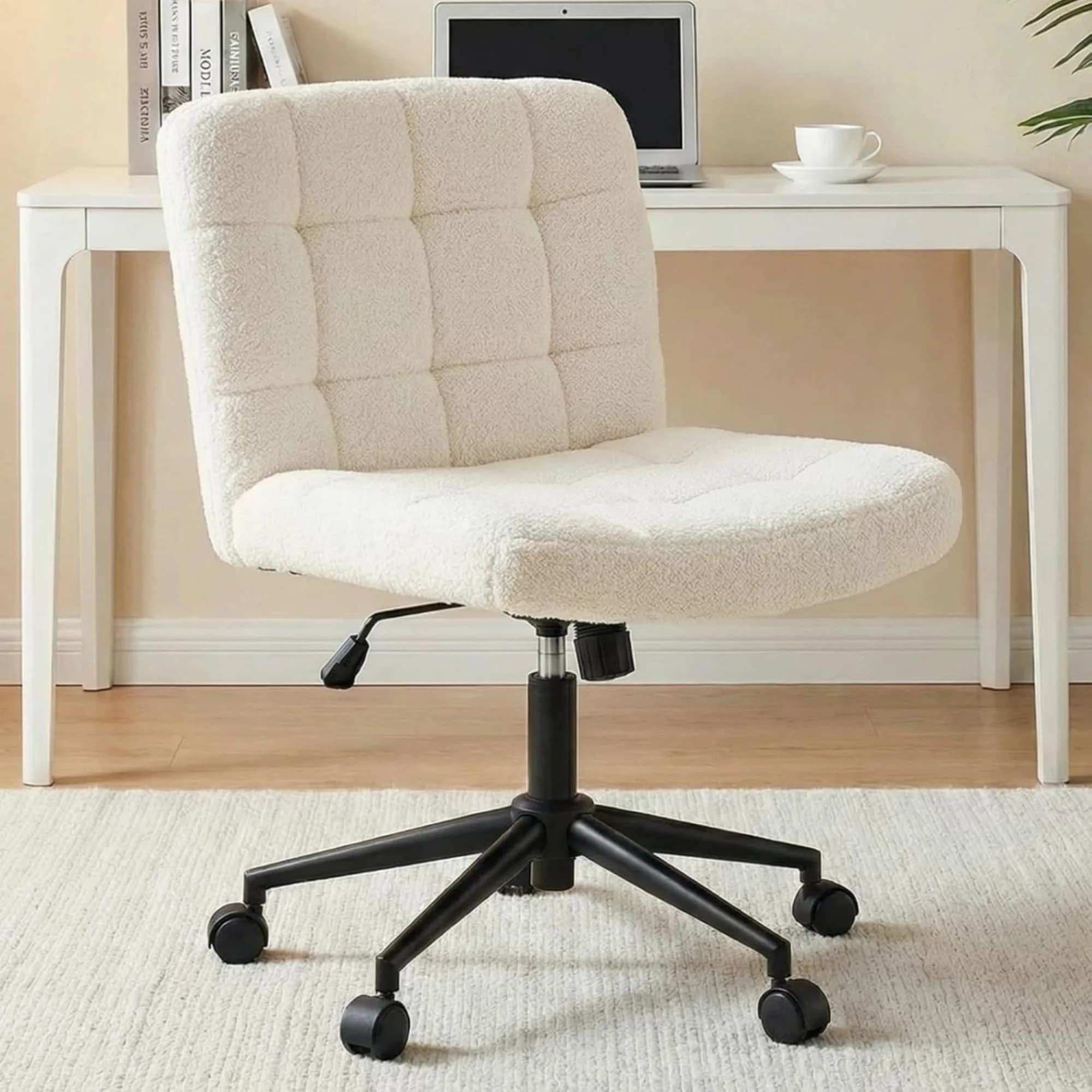 Swivel Criss Cross Legged Chair, Armless Home Office Chair with Wheels and Comfy Wide Cushion, Height Adjustable for Desk, Vanity, Bedroom, Sherpa Fleece (Beige)