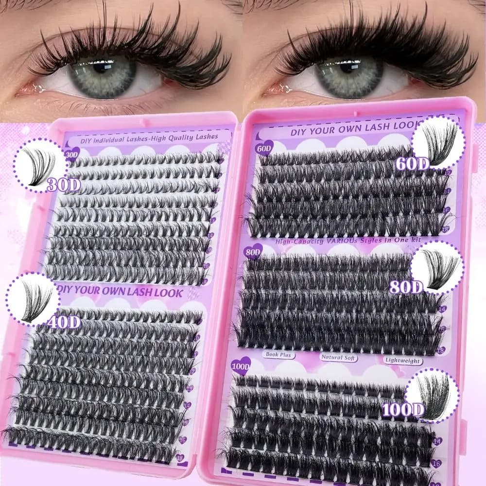 9-18mm Long Natural Fin Eyelashes, Fa-da-te Eyelash Extension Kit with Wall decal and Sealant, Wispy Effect Design