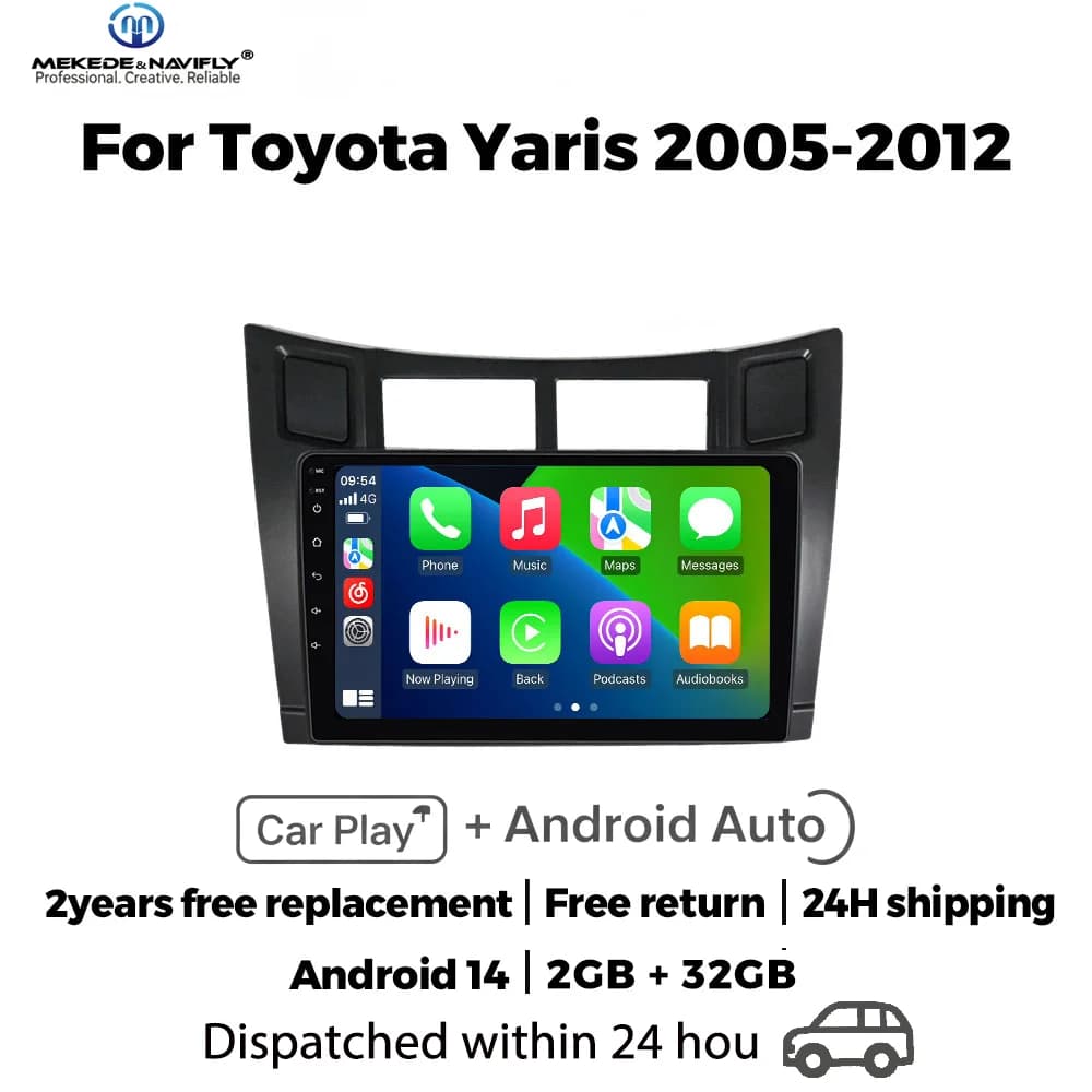 Sistema audio intelligente per auto MEKEDE&NAVIFLY Android 14, autoradio da 9 pollici per Toyota Yaris 2007-2012, lettore multimediale GPS con Carplay.