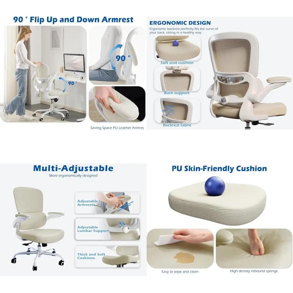 Sedia da scrivania ergonomica con supporto lombare regolabile - Sedia da computer in rete con braccioli ribaltabili per ufficio domestico e giochi (Beige Lea