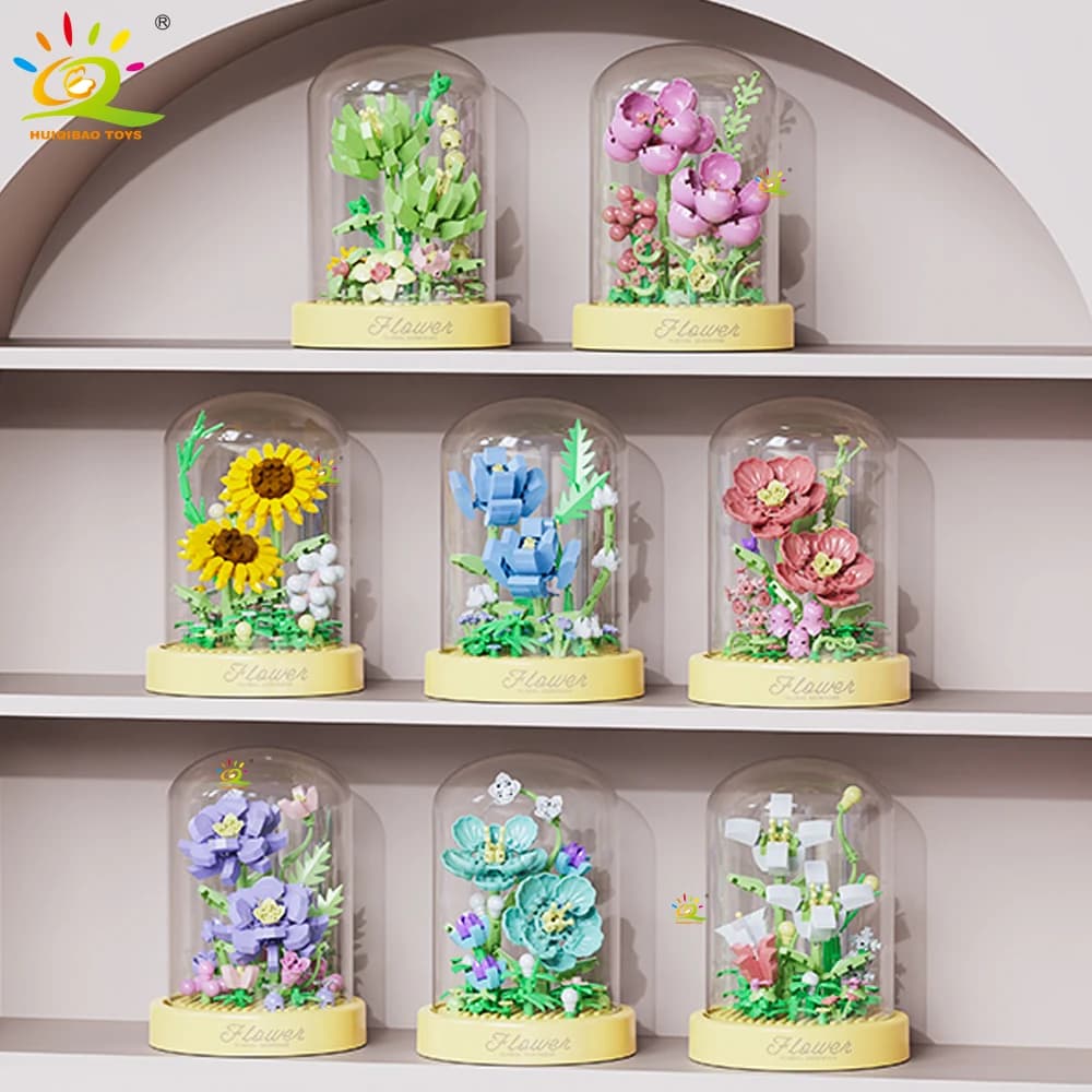 HUIQIBAO MOC Scatola di visualizzazione del fiore Micro Building Block MOC Mini fiore Mini modello di diamante Giocattolo in mattoni per la decorazione della scrivania dei bambini