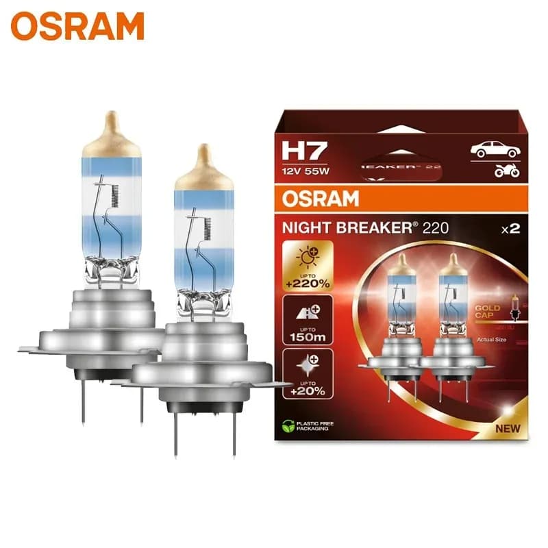 OSRAM Night Breaker 220 H7 12V 55W Lampade Alogene per Auto +220% Luminosità +150m Lunga Durata Luce Potente Originale Abbaglianti e Anabbaglianti Made in Germany