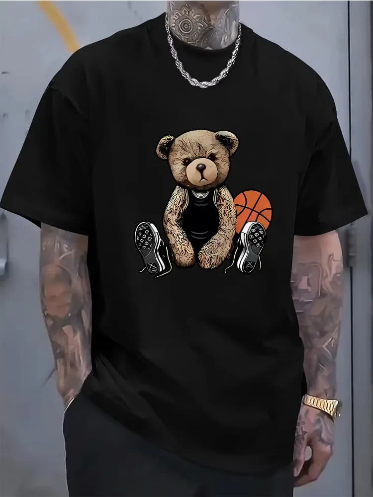 T-shirt da uomo estiva in cotone 100% alla moda, casual, sportiva, ampia e divertente, con stampa orsetto da basket, girocollo, a maniche corte