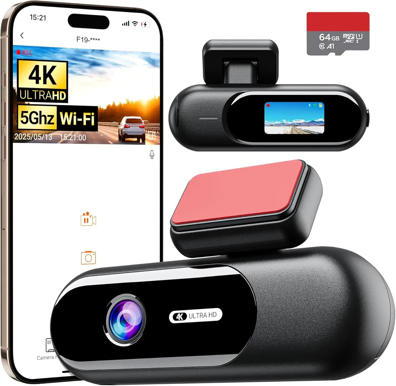Dash Cam 4K with WiFi 5G, 64 GB card, 1.5' IPS screen, super night vision, app control, loop recording, G sensor, 24 hour parking monitor