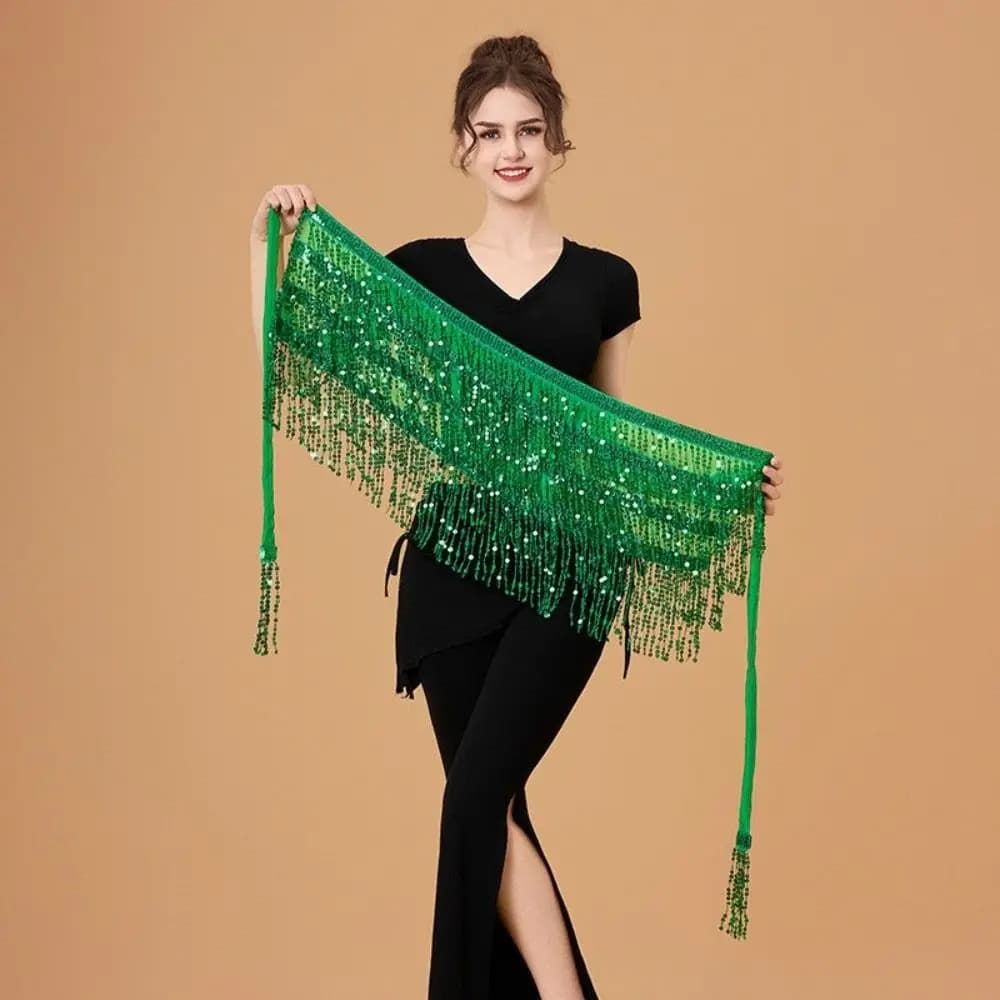 Fashion Sequins Decoration Belly Dance Skirt Chain Tassel Shiny Waist Scarf Indian Dance Towel Performance Costume