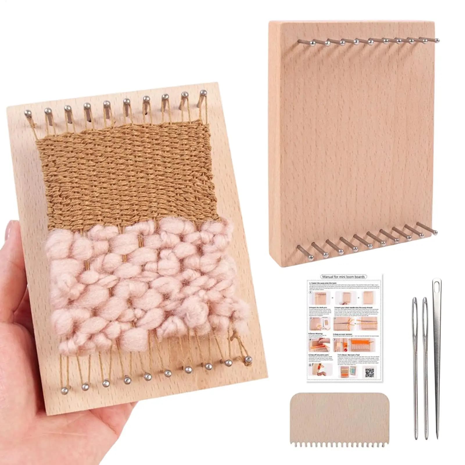 Mini Weaving Loom 2 Pieces Knitting Board with Comb and Needles Knitting Loom for Art Project Coaster Tapestry Beginners Kids