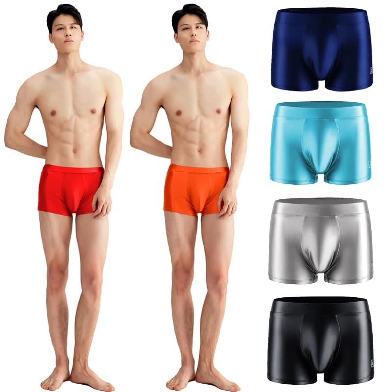 AMORESY Boxer da uomo in raso lucido traspirante alto elastico sportivo sottile morbido breve nuoto Fitness Leggings solidi intimo