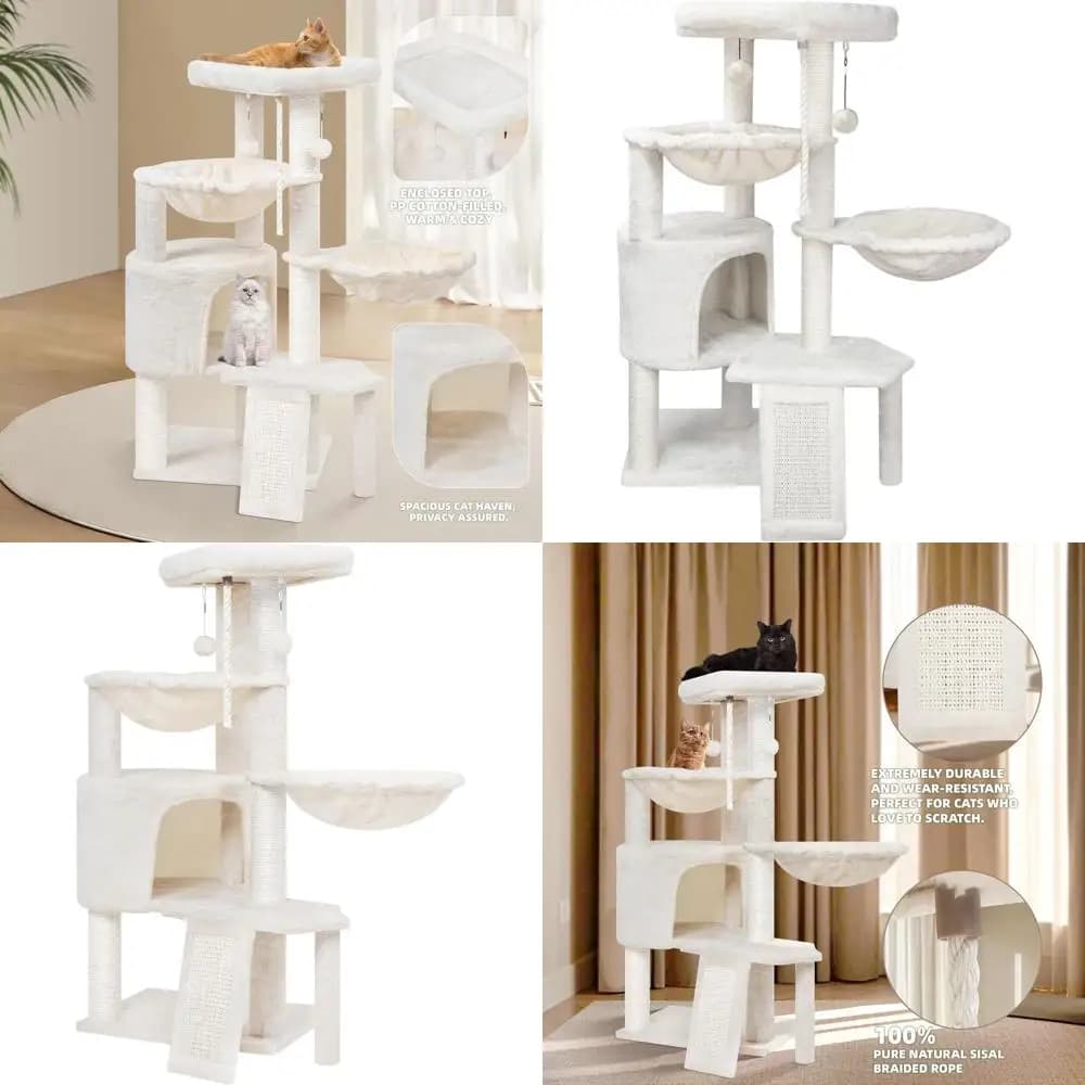 Albero per gatti a tre livelli con casetta, tappetino per grattare e doppie amache, beige