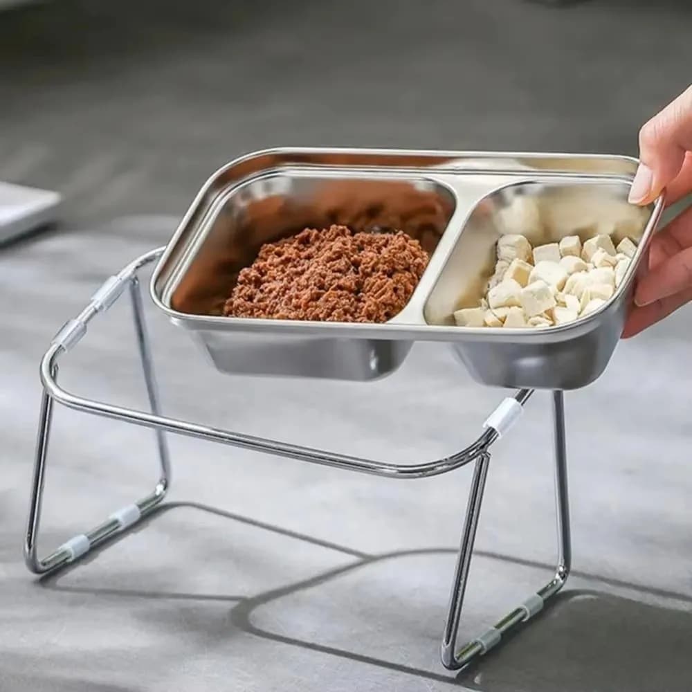 Stainless Steel Pet Feeding Bowl Double Compartment Non-Slip Base Pet Water Bowl Elevated Feeding Slanted Cat Food Bowl