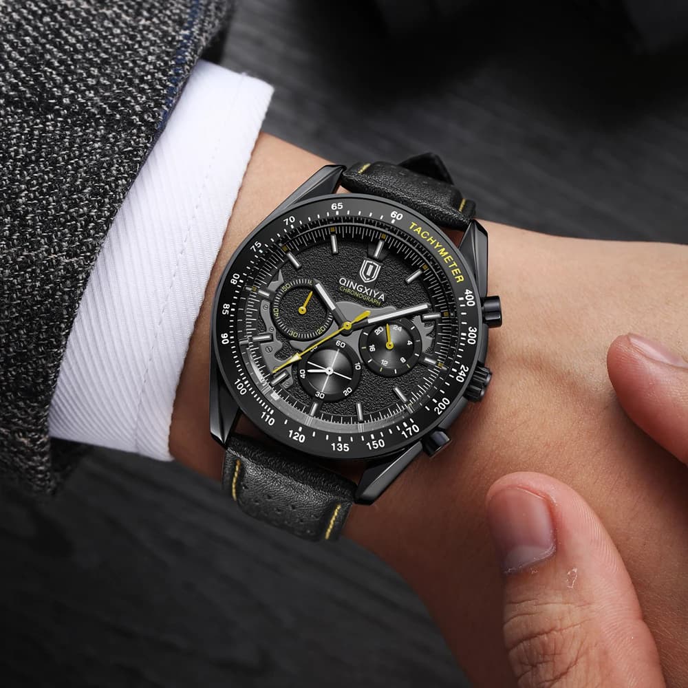 QINGXIYA Orologi da uomo di lusso Cinturino in pelle Impermeabile Cronografo con data luminosa Orologio da uomo Orologio al quarzo originale per uomo