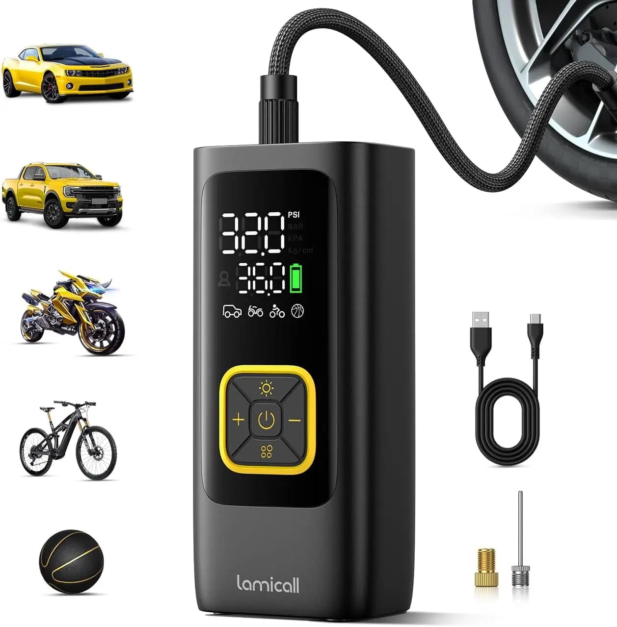 Portable Car Tire Inflator 150 PSI - 4X Faster, Cordless Air Compressor with Auto Shut Off, Digital Display, LED Light for Car, Motorcycle, Bike, Ball